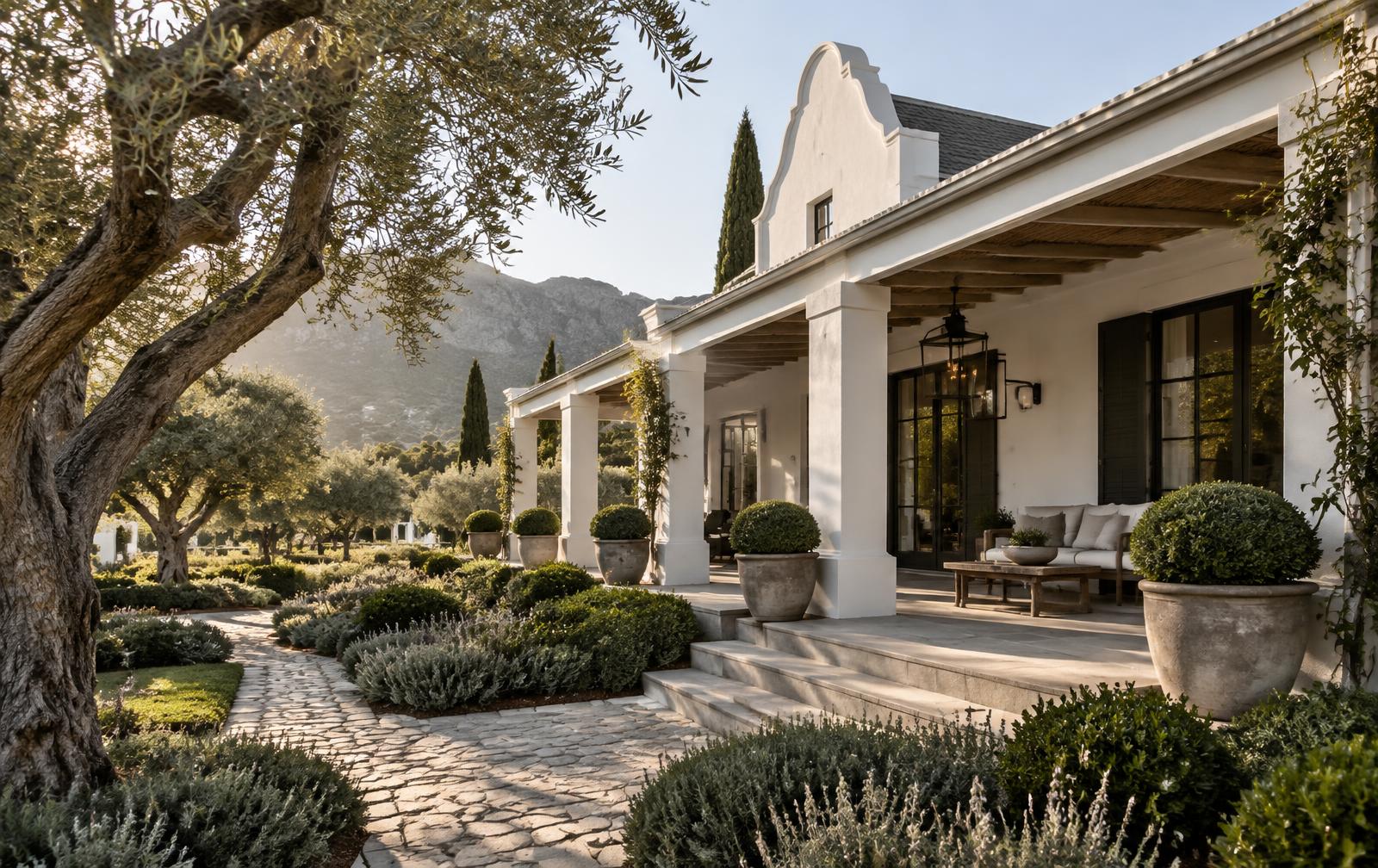 Cape-style architecture among mature trees and landscaped gardens