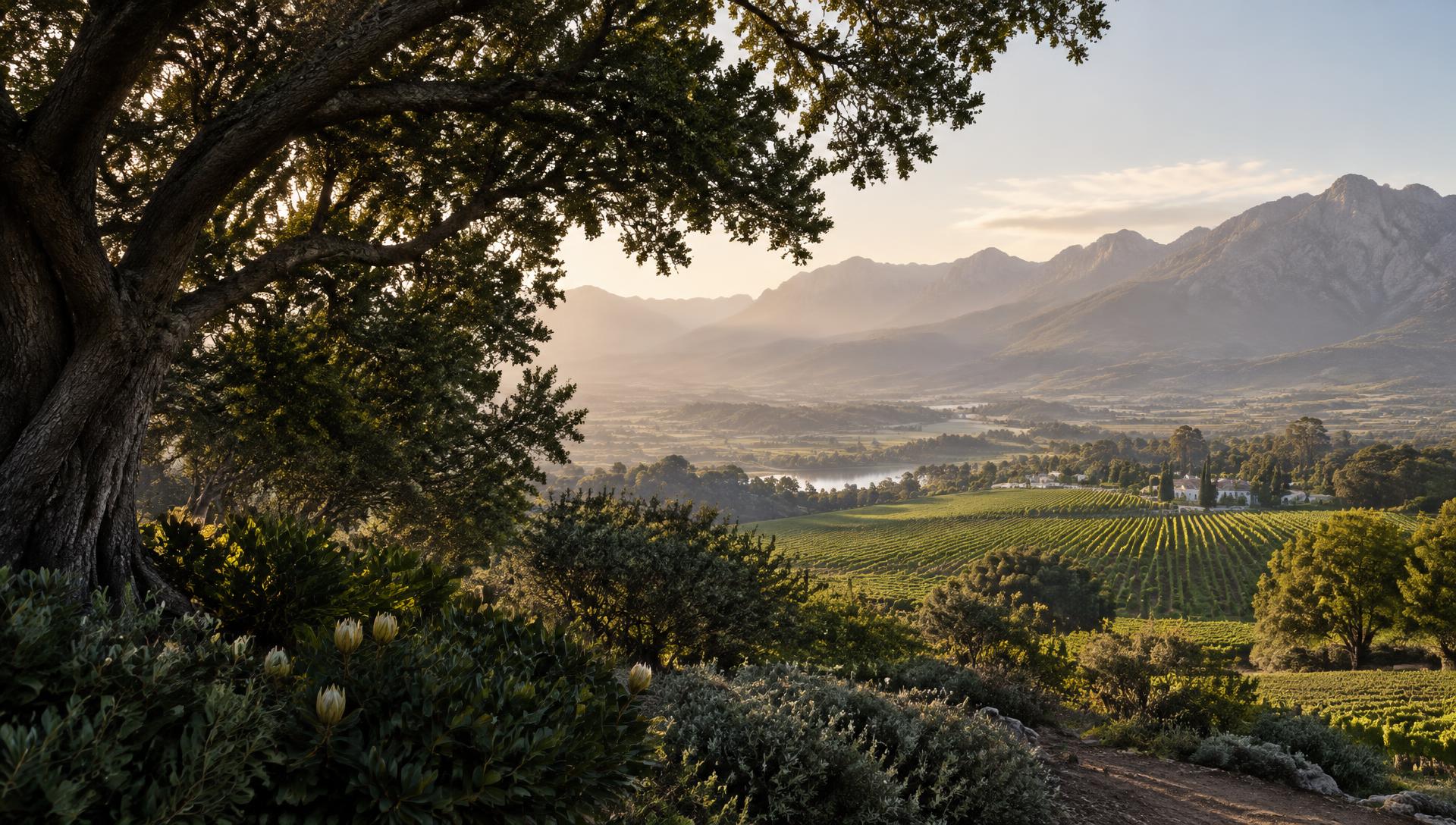 Tree-framed landscape of vineyards and mountains in the Western Cape